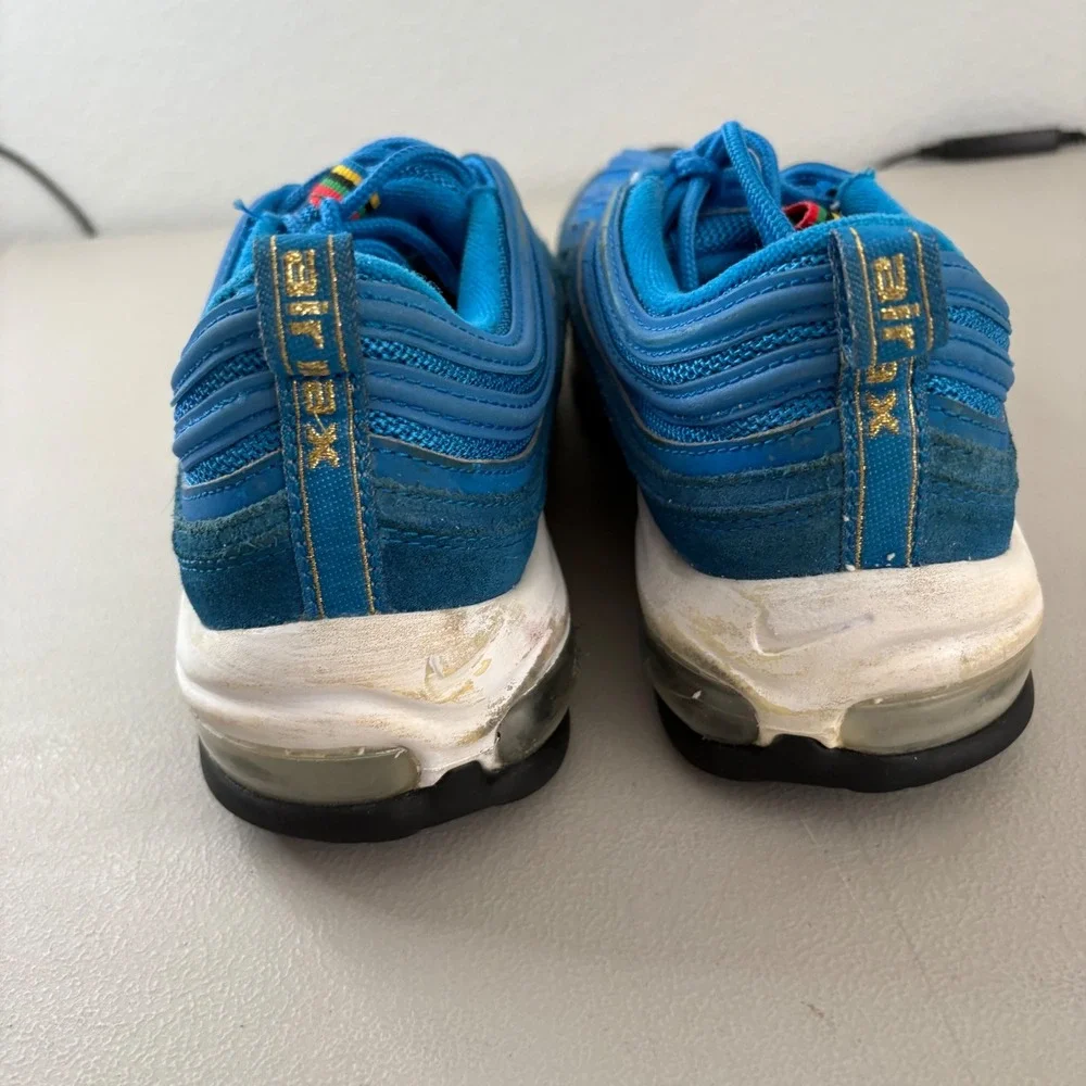 Nike Air Max 97 Blue Suede Mesh Sneakers Gold Swoosh CI3708-400 Mens 8